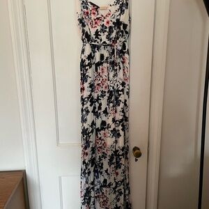 Floral Print Maternity White Maxi Dress with Navy and Pink Accents